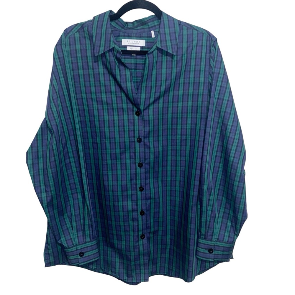 Foxcroft Shirt Womens Plus 18 Blackwatch Plaid Wrinkle Free Button Long Sleeve